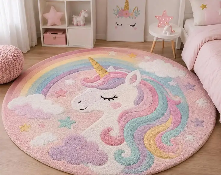 ​🦄 Tapete Redondo Infantil Unicórnio Mágico e Arco-Íris